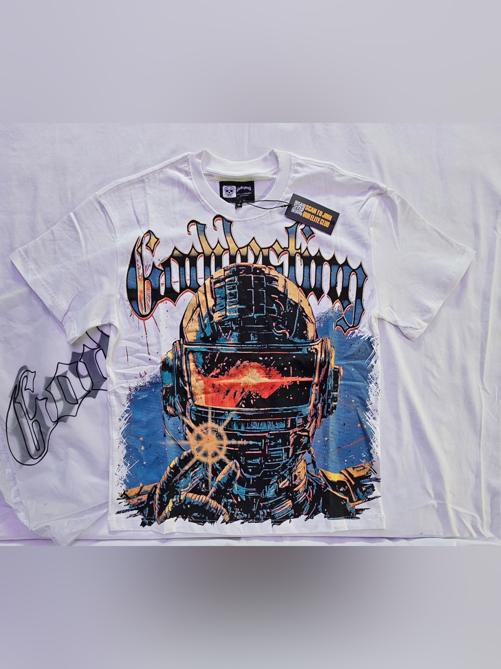 Godspeed, Goddestiny Graphic White Tee with Futuristic Helmet Graphic